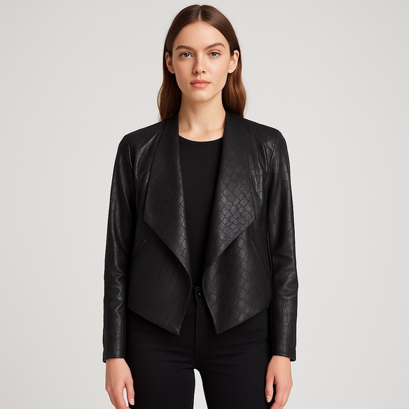 BLANKNYC Faux Leather Croc Embossed Open Front Jacket Black Small - Picture 1 of 6